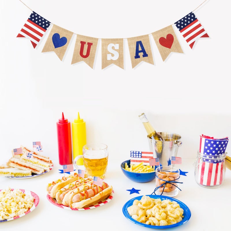 Uniwish USA Banner Burlap Bunting 4th of July Decorations American Independence Day Celebration Red White and Blue Theme Party Supplies - Image 5